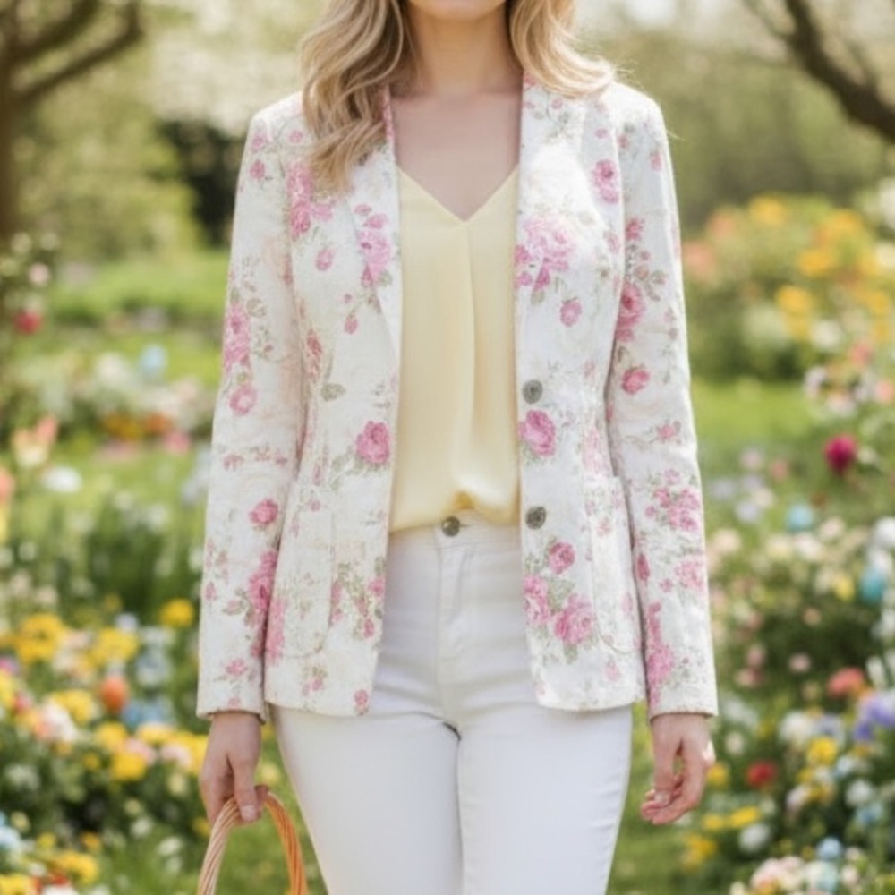 Hana Bang Floral Blazer Pink & White Butterfly Buttons Sz 14-16 XL/XXL